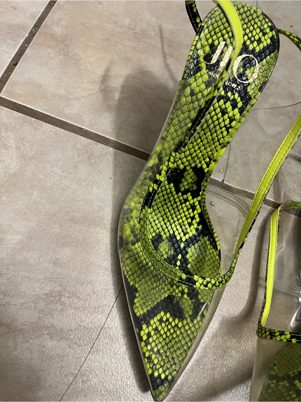 Neon Yellow Snake-Print Pointed Toe Slingback Heels - Picture 3 of 4